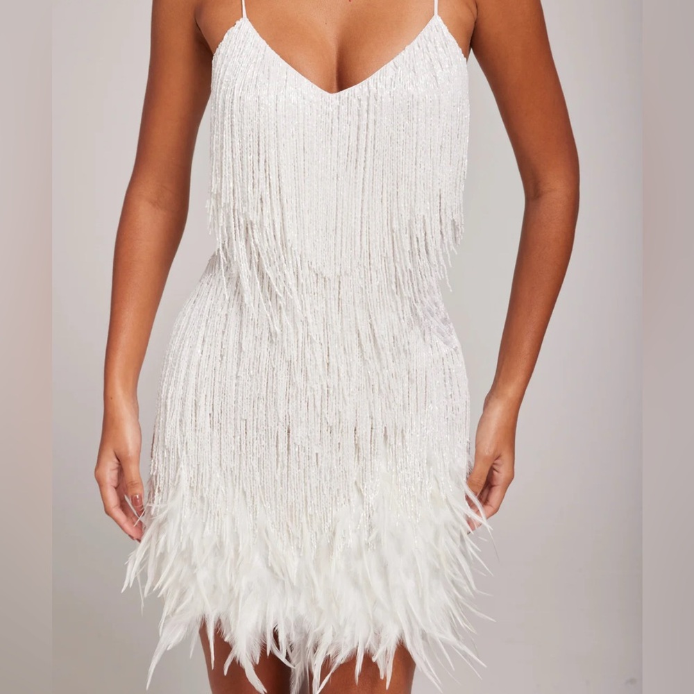 Nadine Merabi Lottie White Beaded Fringe Feather Dress